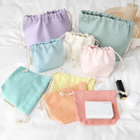 Petit sac à cordon en toile de couleur unie tendance pour filles, rangement portable pour cosmétiques et rouge à lèvres, mini pochette
