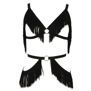 Set di Cinture Elastiche con Frange per Donna, <span class=keywords><strong>Top</strong></span> Corto Traforato con Nappine, Costume da Discoteca, Rave Party, Festival, <span class=keywords><strong>Lingerie</strong></span> - Product Image 3