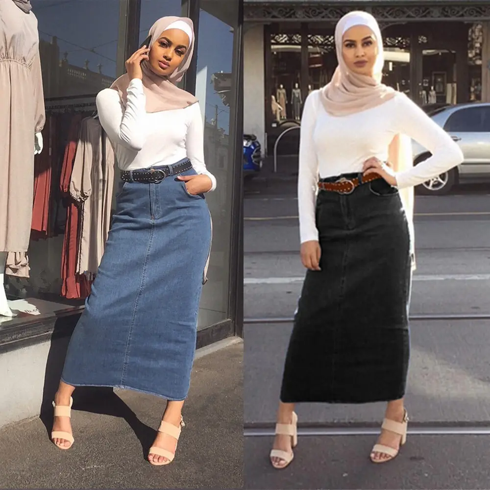 Rok Lilit Denim Panjang Meregang, Rok Bungkus Pinggul