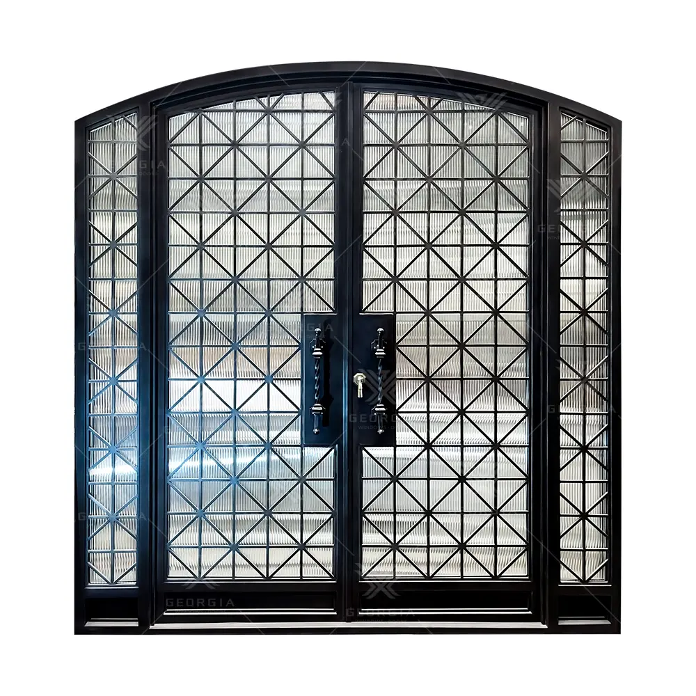 Desain baru pintu besi tempa Perancis dipimpin Grid X desain Reed terisolasi kaca ganda baja pintu Prancis dengan Sidelights