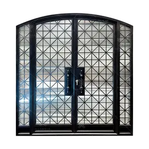 New Design French Wrought Iron Doors Profiled Grid X Design Reed Insulated Double Glass Steel French Door With Sidelights