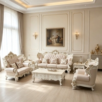 Ensemble de canapés classiques européens en bois massif sculpté et cuir, garniture dorée, capitonné, pour villa, salon, mobilier de maison, vente en gros ODM