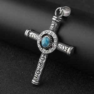 Colgante de Cruz Personalizado de Acero Inoxidable, Joyería Retro Vintage, Colgante de Piedra Turquesa Natural, Collar con Cruz Cristiana para Hombre - Product Image 5