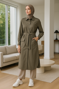YXC008 Gabardina larga caqui enfocada en musulmanes de alta moda con cintura con cinturón y detalle de bolsillo de marca Hijab de caramelo a juego - Product Image 2