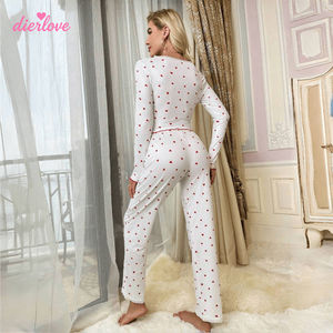 Ensemble de vêtements de nuit en tricot côtelé pour femmes, pyjama à col en V avec applique en forme de cœur, poignets à volants, bordure contrastée, doux et respirant, vêtements de maison - Product Image 4