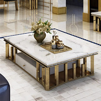 Nouvelle table basse en acier inoxydable doré avec plateau en marbre blanc et tiroir