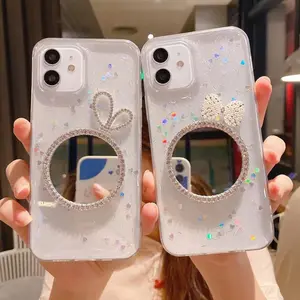 Glitter round make up mirror design resin cell phone case cover for iphone 14 13 pro max 12 11 x xr xs max 7 8 plus