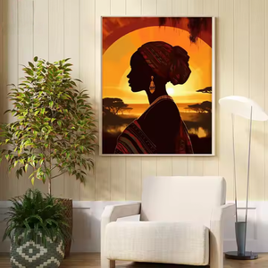Precio al por mayor moda negro señora árbol puesta de sol impreso lienzo afroamericano 5d pared arte enmarcado diamante pared vidrio pinturas - Product Image 2