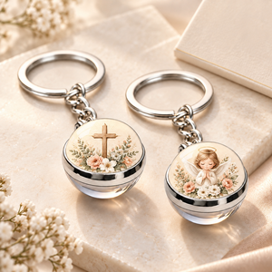 Porte-clés rond en verre avec motif croix et ange, impression numérique, style fantastique, cadeau religieux, souvenir, fabrication OEM ODM - Product Image 1