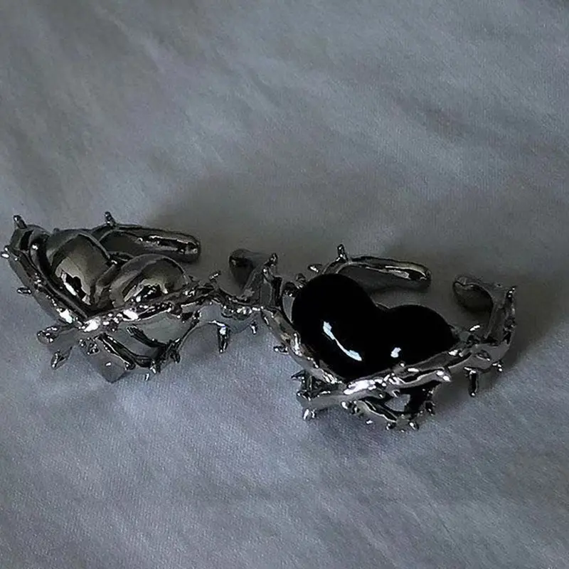 New Locked Heart Thorn Love Couples Rings Opening Adjustable Black Silver Heart Ring