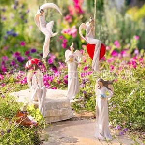 Figura de Ángel Guardián de Resina, Decoración para Jardín Exterior, Adorno para Balcón Interior, Soporte para Flores, con Sombrilla Roja, Postura Sentada - Product Image 2