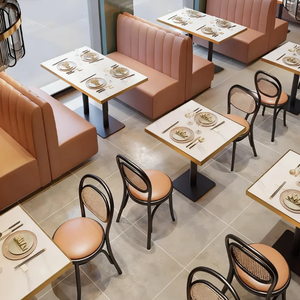 Vertical Channel Tufted Pink PU Leather Booth Seating Square Marble Table Black Frame Rattan Back Dining Chair <b>Restaurant</b> Cafe - Product Image 1