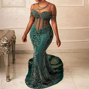 <span class=keywords><strong>Vestido</strong></span> de Noche Personalizado Aso Ebi para Mujer Africana, <span class=keywords><strong>Verde</strong></span> Oscuro, con Encaje, Estilo Sirena, con Cola Larga, Vestidos de Fiesta de Lujo - Product Image 1