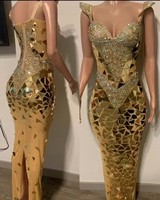 Robe miroir argentée réfléchissante à col en V sans manches, costume de concert, tenue de performance de salle de bal, ensembles de robes de danse pour femmes