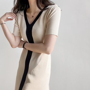 Abito lungo HANO donna estate stile coreano lavorato a <span class=keywords><strong>maglia</strong></span> sottile abito lungo <span class=keywords><strong>nero</strong></span> bianco Casual elegante Vintage manica corta - Product Image 2