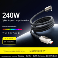 Kabel USB C Magnetik Premium 90 Derajat 240W PD Pengisian Cepat E Marker RGB Kepang untuk Mobil Carplay Android iPhone Kabel Data