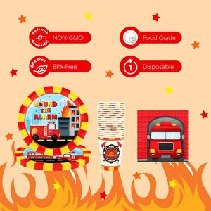 Assiettes en papier jetables OEM de 9 pouces, motif camion de pompiers CMYK, style moderne, fournitures de fête très vendues pour anniversaires et banquets d'équipe - Product Image 1