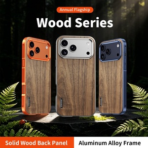 Custom Walnut Wood Back Panel Magnetic Mobile Phone Cases for iPhone 17 16 <b>Pro</b> Max Aluminum Alloy Frame Shockproof Cover - Product Image 2
