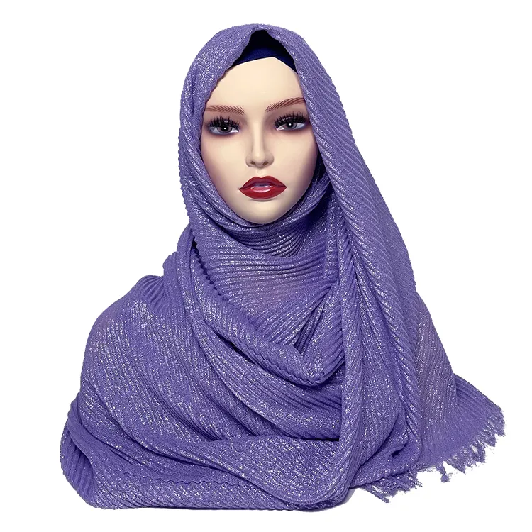 Fashions custom shimmer printed satin chiffon silk scarf crinkle glitter hijab tassels pleated shawl veils for muslim women 2024