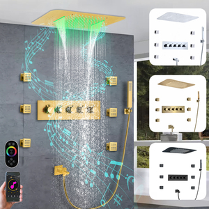 Soffione <span class=keywords><strong>doccia</strong></span> a soffitto da <span class=keywords><strong>incasso</strong></span> 23*15 pollici musica LED cascata a pioggia bagno sistema rubinetto <span class=keywords><strong>doccia</strong></span> <span class=keywords><strong>termostatico</strong></span> - Product Image 1