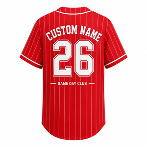 Maillot de baseball personnalisé en coton à manches courtes avec rayures rouges, nom et numéro d'équipe personnalisés, boutons sur le devant, été - Product Image 6