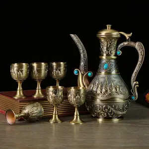 2024 Embossed Tea Set Glass Teapot and Cups Set,arabic Work Antique Turkish Coffee Pot with Tray,height 22cm Color Polish ZINC Normal