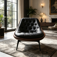 Fauteuil lounge en cuir noir capitonné de luxe avec structure en bois massif pour une décoration moderne de style mid-century