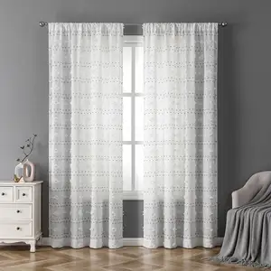 Ready Made Solid Color Ruffles Sheer Curtain White Chiffon Stripe Curtain For The Living Room