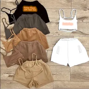 Benutzer definierte 330GSM Baumwoll taschen elastischer Bund Bicker Shorts mit Schlauch rücken frei Cross Crop Top sexy Club Damen Sets