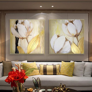 Hand Painted Abstract Magnolia Oil Painting Set 2 Panels Metal <b>Frame</b> Nordic Style Living Room Wall Art Decor - Product Image 1