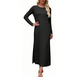Robe longue unie à manches longues et fente latérale avec poches pour femme - Vêtements pour femme Sehe Fashion - Product Image 2