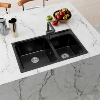 Évier de cuisine rectangulaire double cuve moderne de luxe en composite de granit SMC noir brillant à encastrer ou à poser sur comptoir pour maison et hôtel