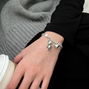 Pulsera de Plata de Ley S925 con Cuentas Redondas y Dije de Oso para Mujer, Estilo Simple, Joyería con Cuerda Elástica para Uso Diario - Product Image 2