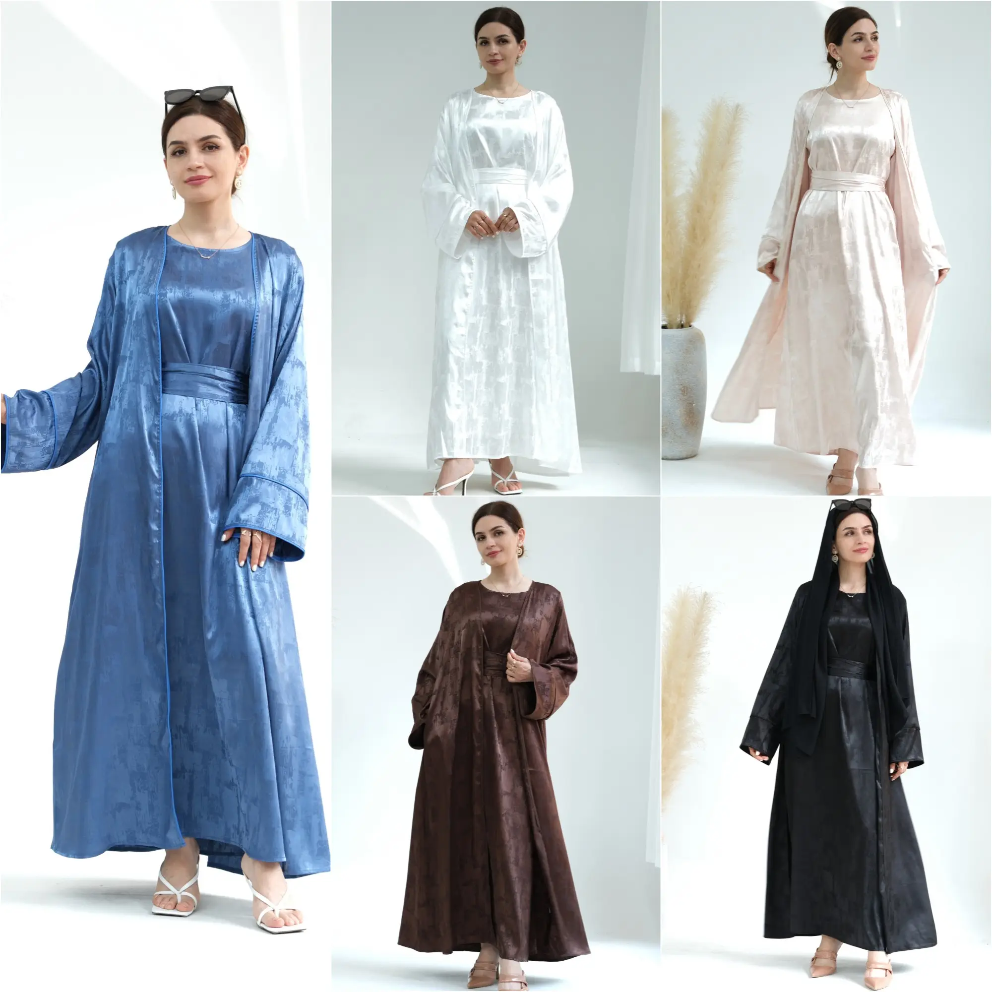 2023 Roupas Muçulmanas de Luxo Unique Satin Slip Dress e Open Abaya Set Turquia Estilo 2 Peça Modest Abaya Mulheres Vestido Muçulmano