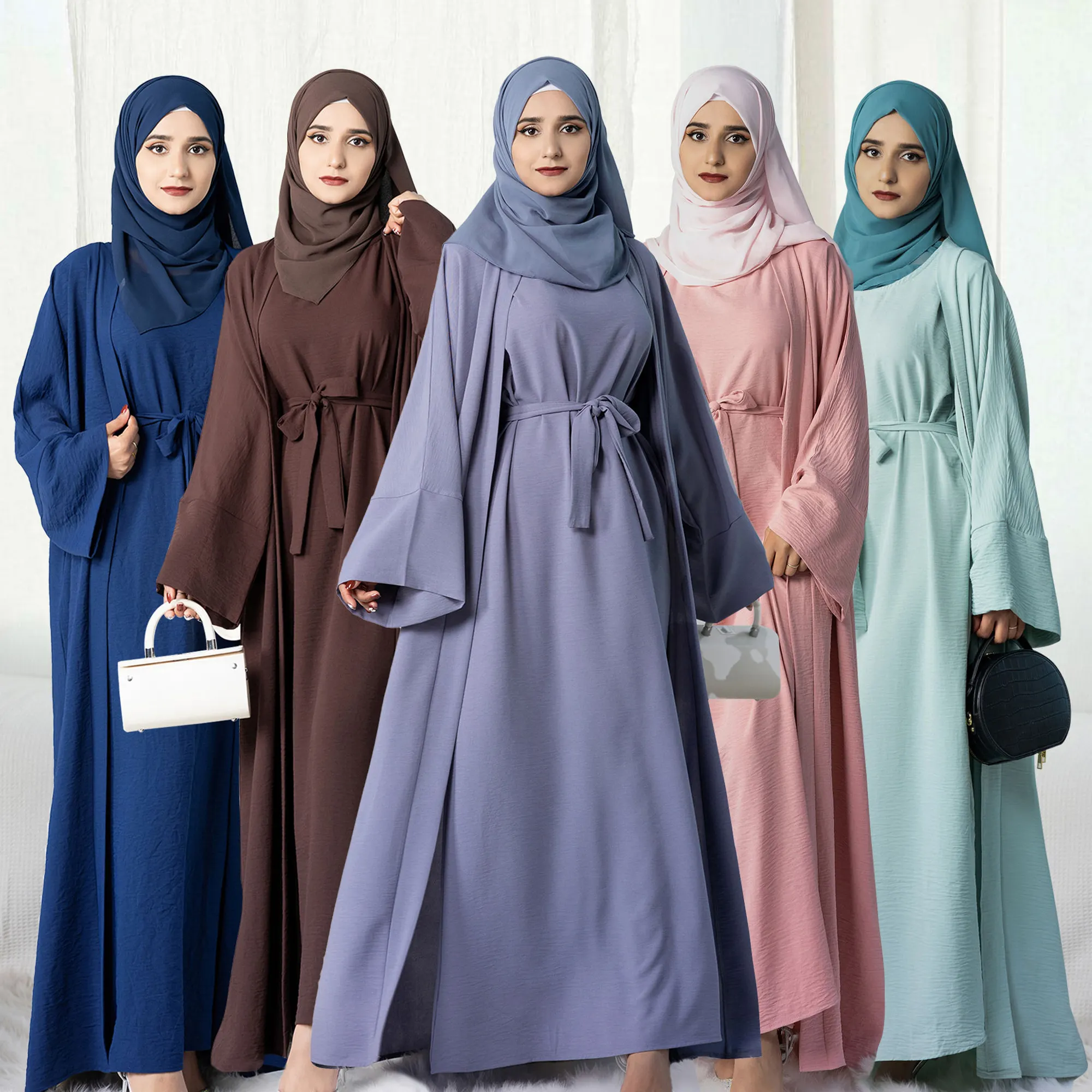 Turquia aberto luxo abaya 2 peça set dubai satijn donna musulmana frauen muçulmanos kleid mulheres muçulmanas moda hijab vestido