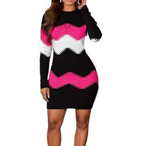 Robe Tricotée Imprimée Femme Mi-<span class=keywords><strong>Longue</strong></span> Col Rond Manches Longues Hanches Ajustées - Product Image 1