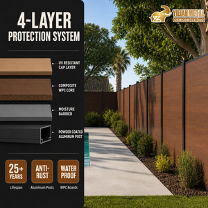 Panneau de clôture composite WPC aspect <span class=keywords><strong>bois</strong></span>, écran de jardin extérieur, poteau en aluminium, résistant aux UV, barrière acoustique pour cour - Product Image 3
