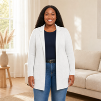 Cardigan Chic en Maille pour Femme, Col Cranté, Manches Longues, Grande Taille, Personnalisé OEM & ODM, Blanc, Polyester, Automne Hiver