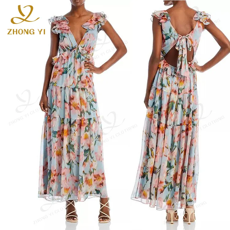 2023 benzersiz tasarım tatlı Vintage baskılı çiçek moda derin V boyun kadınlar rahat elbiseler Backless papyon Ruffled uzun elbise