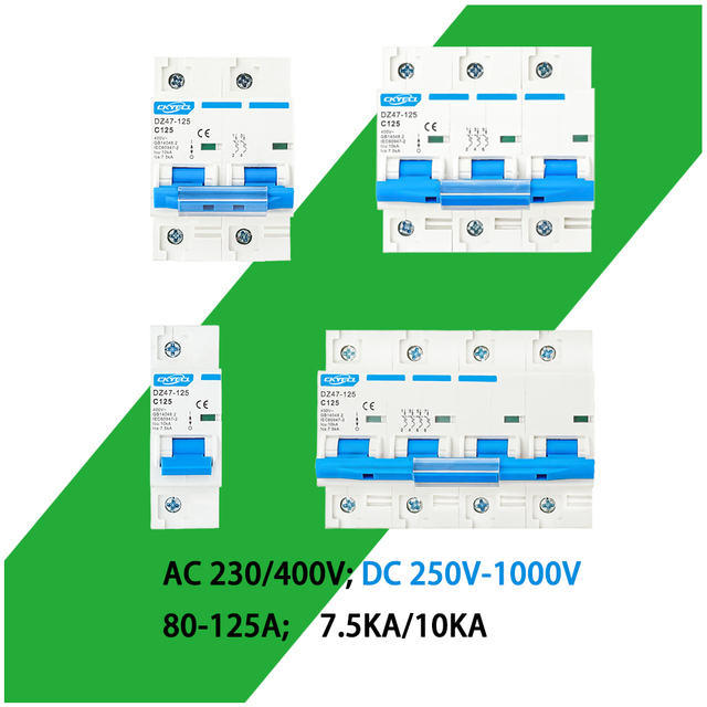 Ckycel DZ47-125 AC 4P DC 1000V 10KA 125A PA66 Copper Flame Retardant Shell DC/AC MCB B/C/D 50/60Hz Rail Mounting