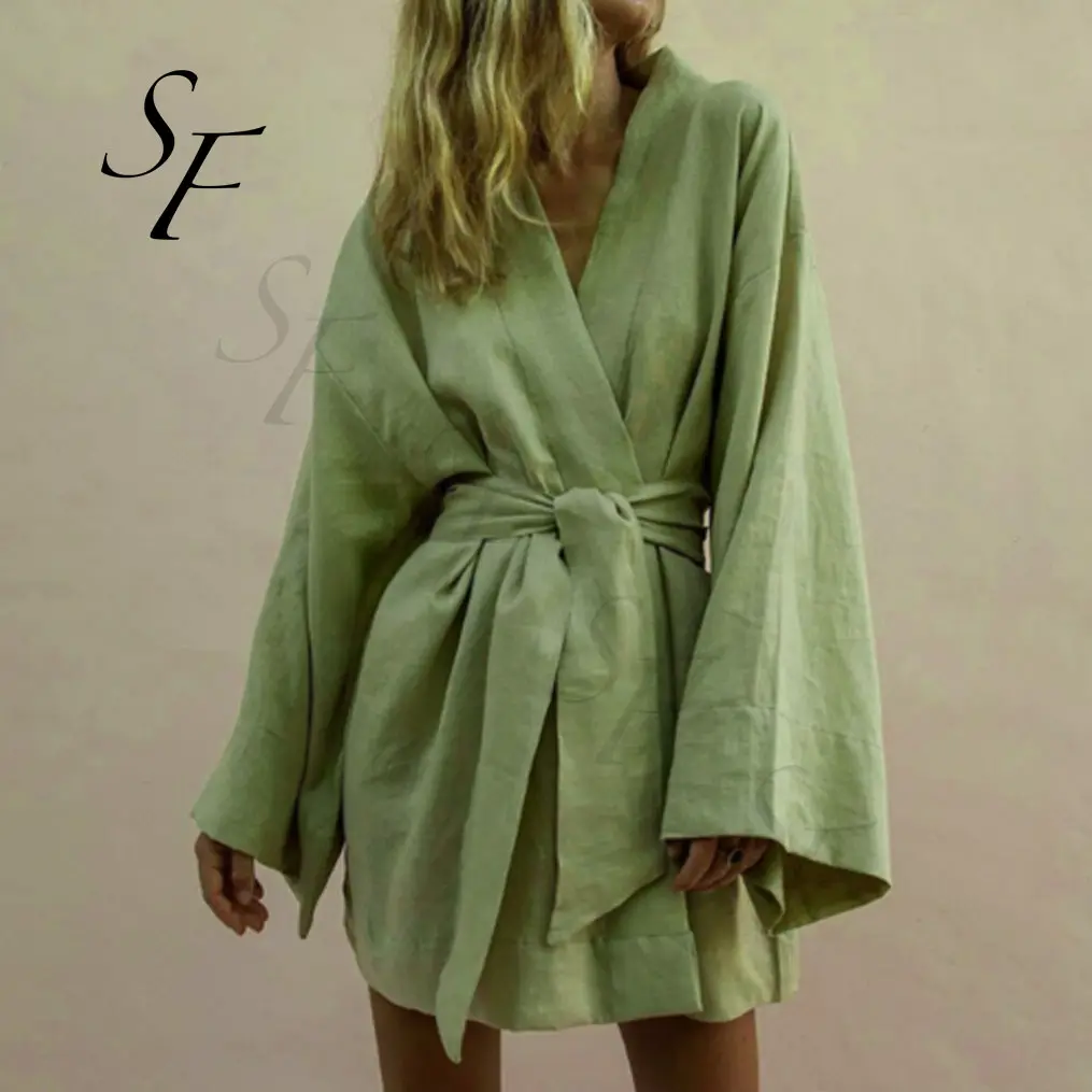 Benutzer definierte Damen Waffel Robe mit V-Ausschnitt 100% Baumwolle Leinen Roben Luxus Bad Baumwolle Bade mäntel Spa Terry Langarm Nachtwäsche
