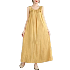 Yellow Sleeveless Loose Maxi Dress O-Neck Solid Woven Casual Summer Breathable Women's Dress - Product Image 1