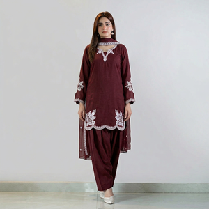 Women's Maroon Cotton Salwar Kameez Set With White Embroidery Traditional Indian Casual Wear Loose Fit <b>Ankle</b>-Length - Product Image 1