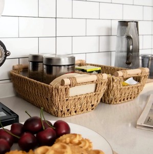 Piccola cesta in <span class=keywords><strong>vimini</strong></span> intrecciata a mano, cesto di stoccaggio in corda di carta, con manico in legno - Product Image 2