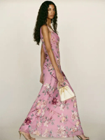 Robe longue décontractée pour femme en mousseline rose à bretelles fines, imprimé floral, col en V, lavable, pour soirée et tenue élégante d'été