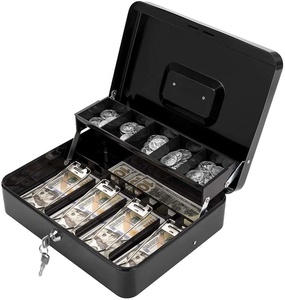 Security Cable Large Metal Key Locking Cash Box With Money Tray