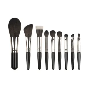 2024 High Quality Free Sample 9pcs Mini Travel Wooden Makeup Brush Set Black