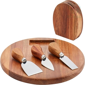 Plateau de service rond de luxe en bois d'acacia pour charcuterie, apéritifs, desserts, plateau à fromage en bois avec ensemble de couteaux - Product Image 5