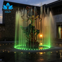 Grande fontaine d'eau extérieure à platine flottante avec jets circulaires LED RGB intelligents et sculpture dansante pour projet de tourisme fluvial