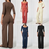 Ensemble de yoga pour femme, T-shirt de sport à manches courtes coupe ajustée, Pantalon de fitness à jambes larges, élastique, effet ventre plat et froncé aux fesses, doux, pour Pilates et entraînement